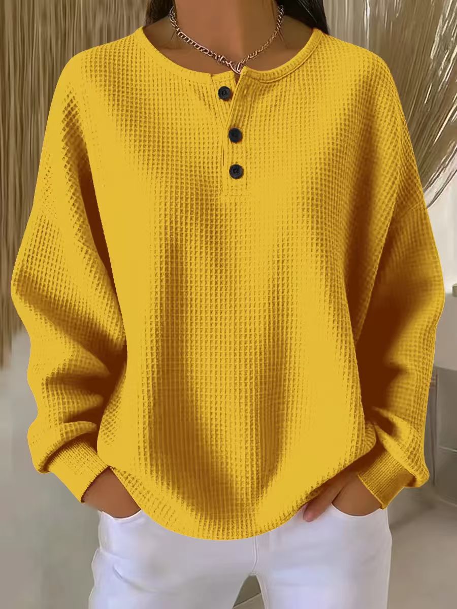 Ins Waffle Long-sleeved T-shirt Fashion Solid Color Buttons Round Neck Pullover Top Women's Clothing